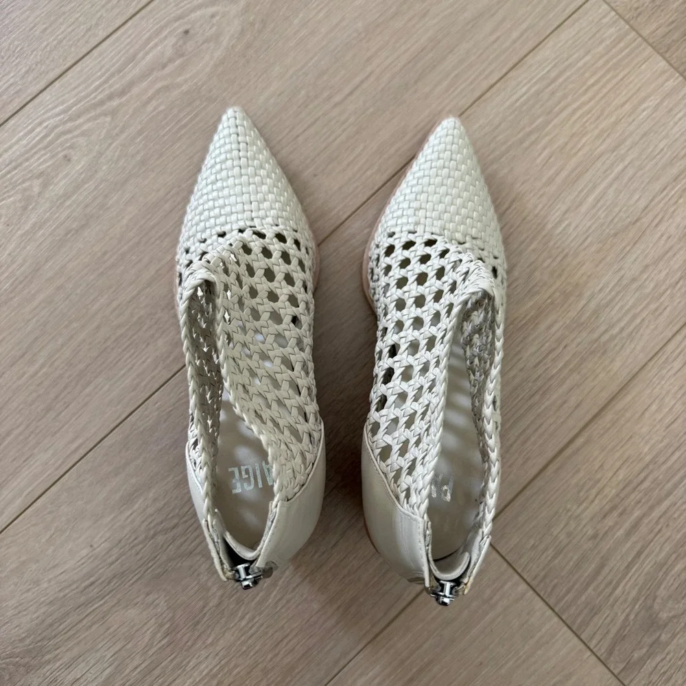 Woven Leather Pointed Toe Ankle Boots Cream‎ Block Heel Back Zip Size 7.5
